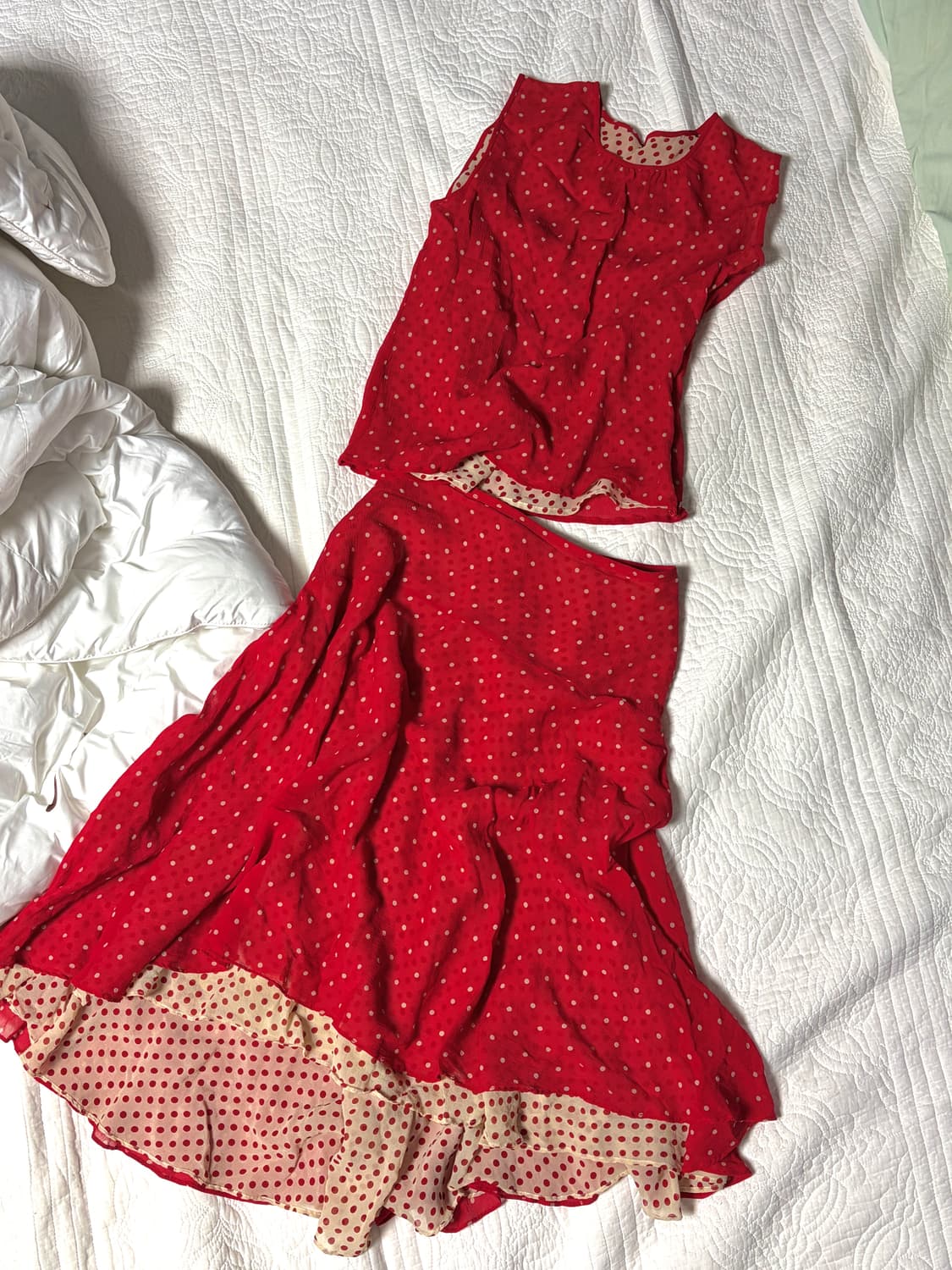 레드 도트 슬리브리스 스커트 셋업 상품이미지2