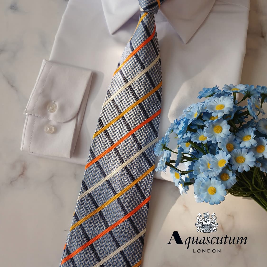 아쿠아스큐텀 실크 스카이블루 체크 넥타이 9.9cm A+등급 A19399 상품이미지2