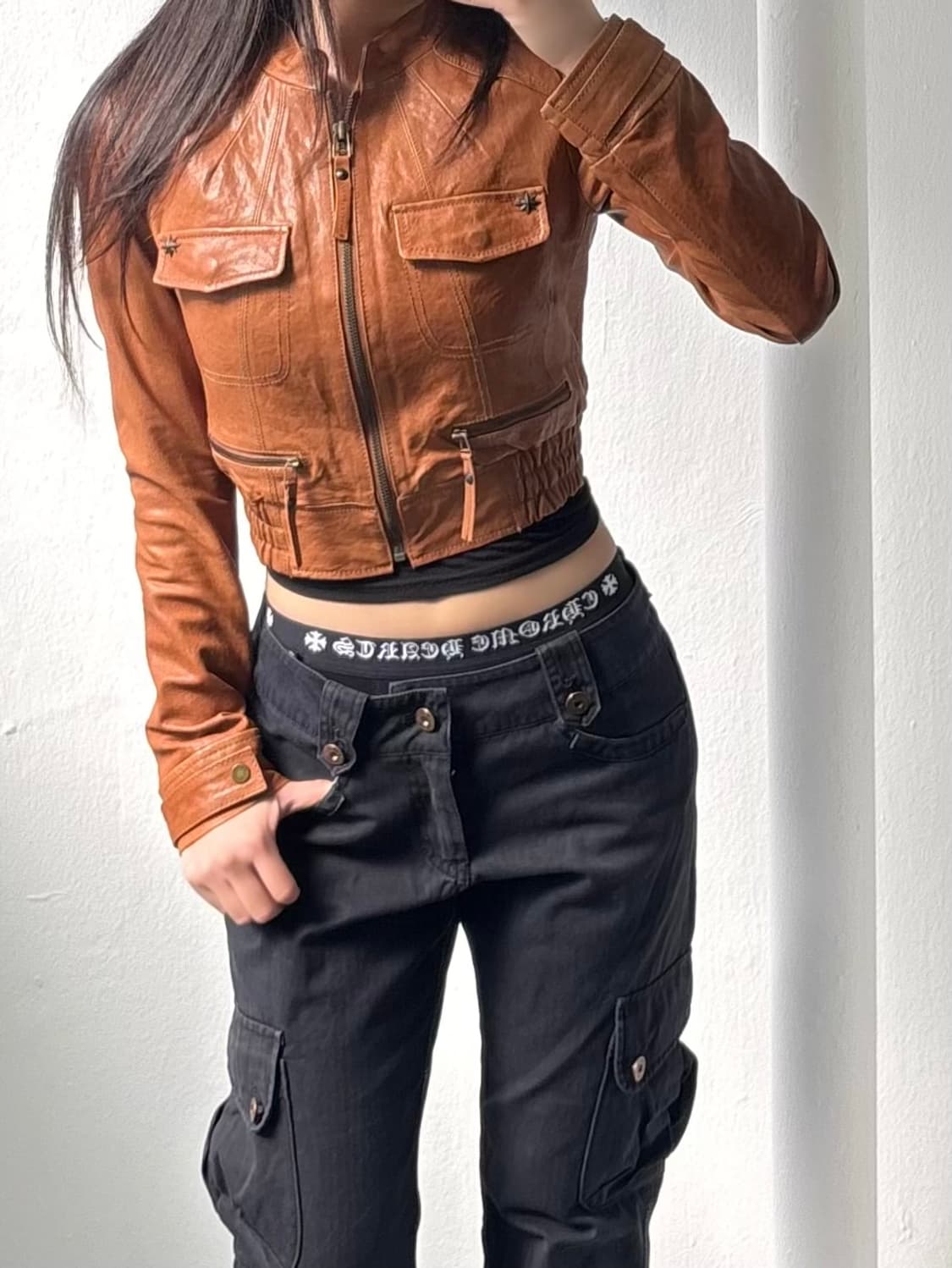 Vintage Brown Crop Leather Jacket 상품이미지7