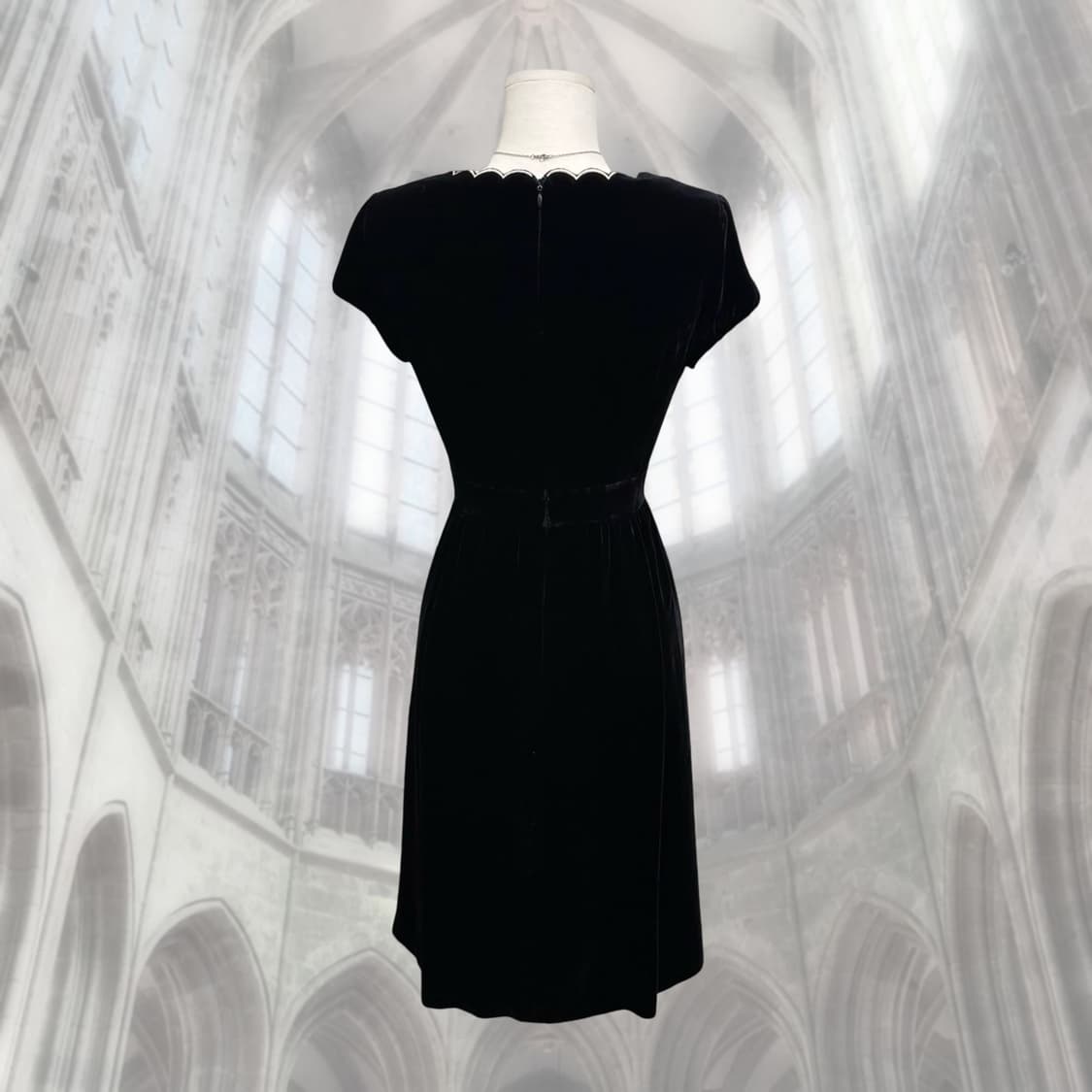 일본 로맨틱 빈티지 블랙 벨벳 캡소매 자수 원피스 로판 상품이미지6