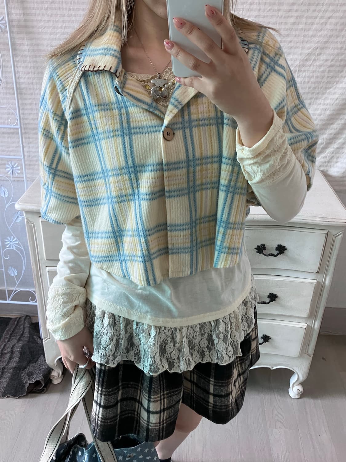 jpn vintage 아이보리 블루 체크 코듀로이 케이프 상품이미지2