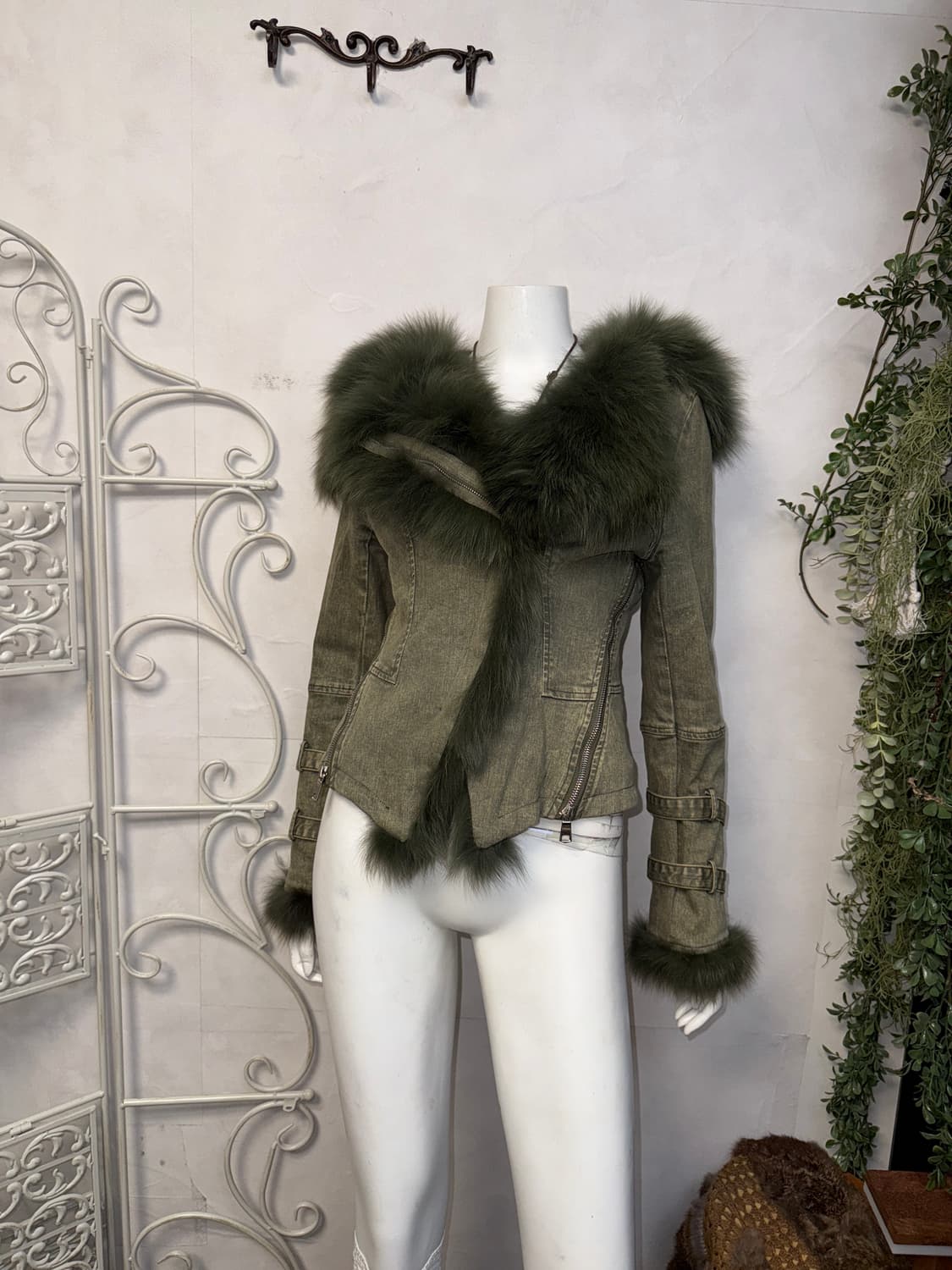Khaki denim zipper buckle fur hood jk 상품이미지4