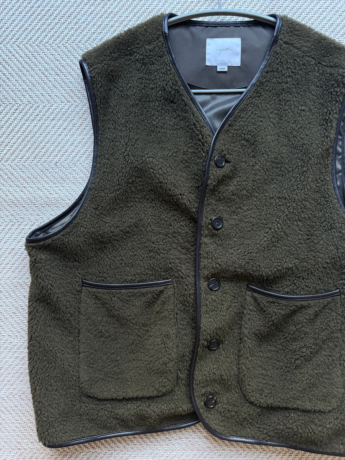 유스 레더 트리밍 울 파일 베스트 브라운 L 상품이미지3