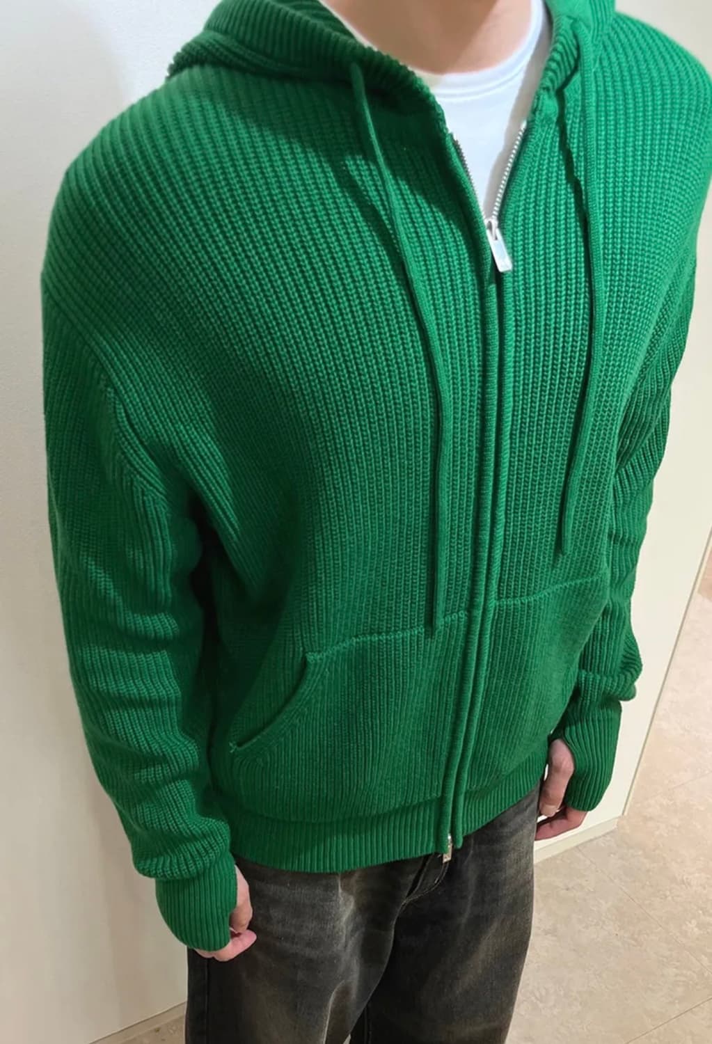 새상품) M 인템포무드 니트 후드집업 그린 상품이미지3