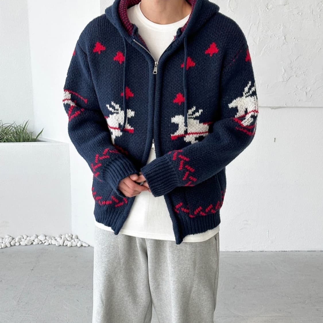 노르딕패턴 네이비 후드 집업 니트가디건 상품이미지3