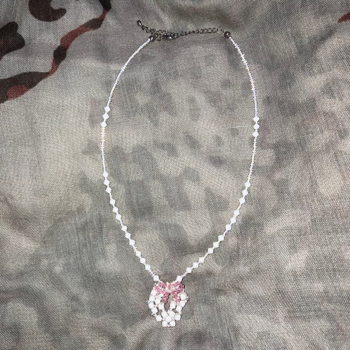 빈티지 핸드메이드 화이트 핑크 리본 비즈 목걸이 페어리 모리걸 하구미 상품이미지2