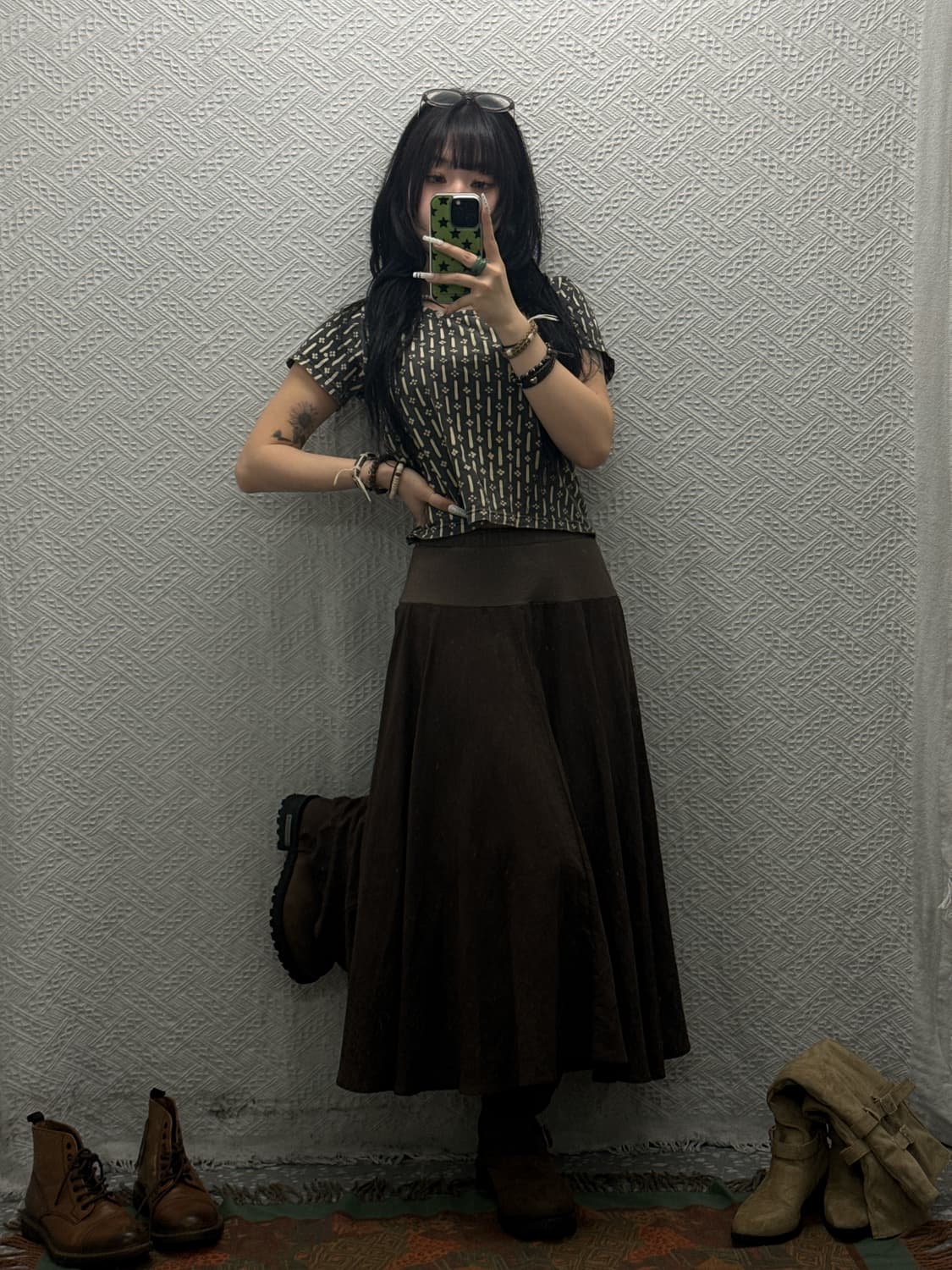 빈티지 코지 모리걸 캐주얼 밴딩 배색 플레어 롱스커트 K0056 상품이미지2