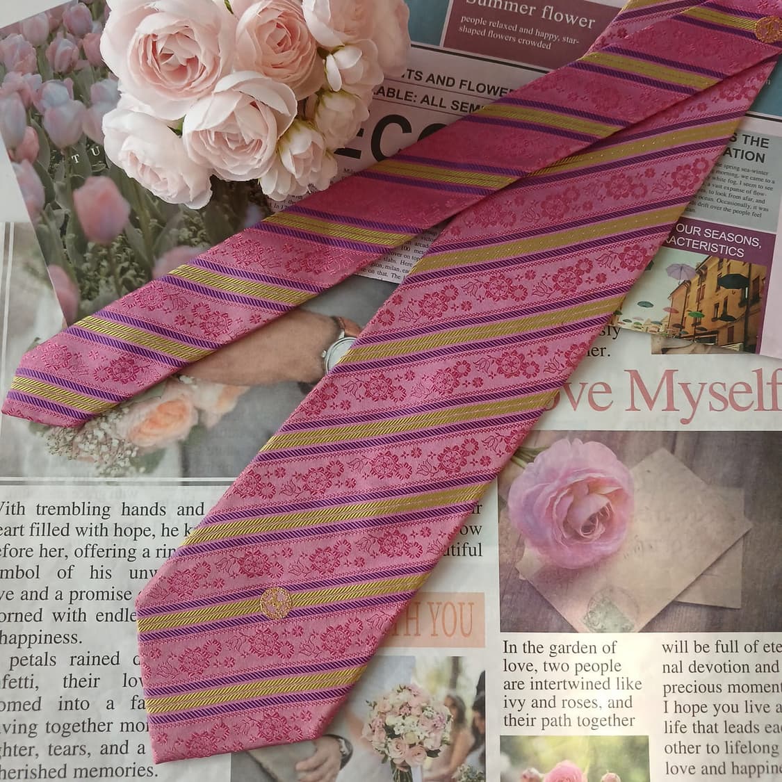 메트로시티 실크 핑크 스트라이프 플로럴 넥타이 9cm A등급 A19094 상품이미지3