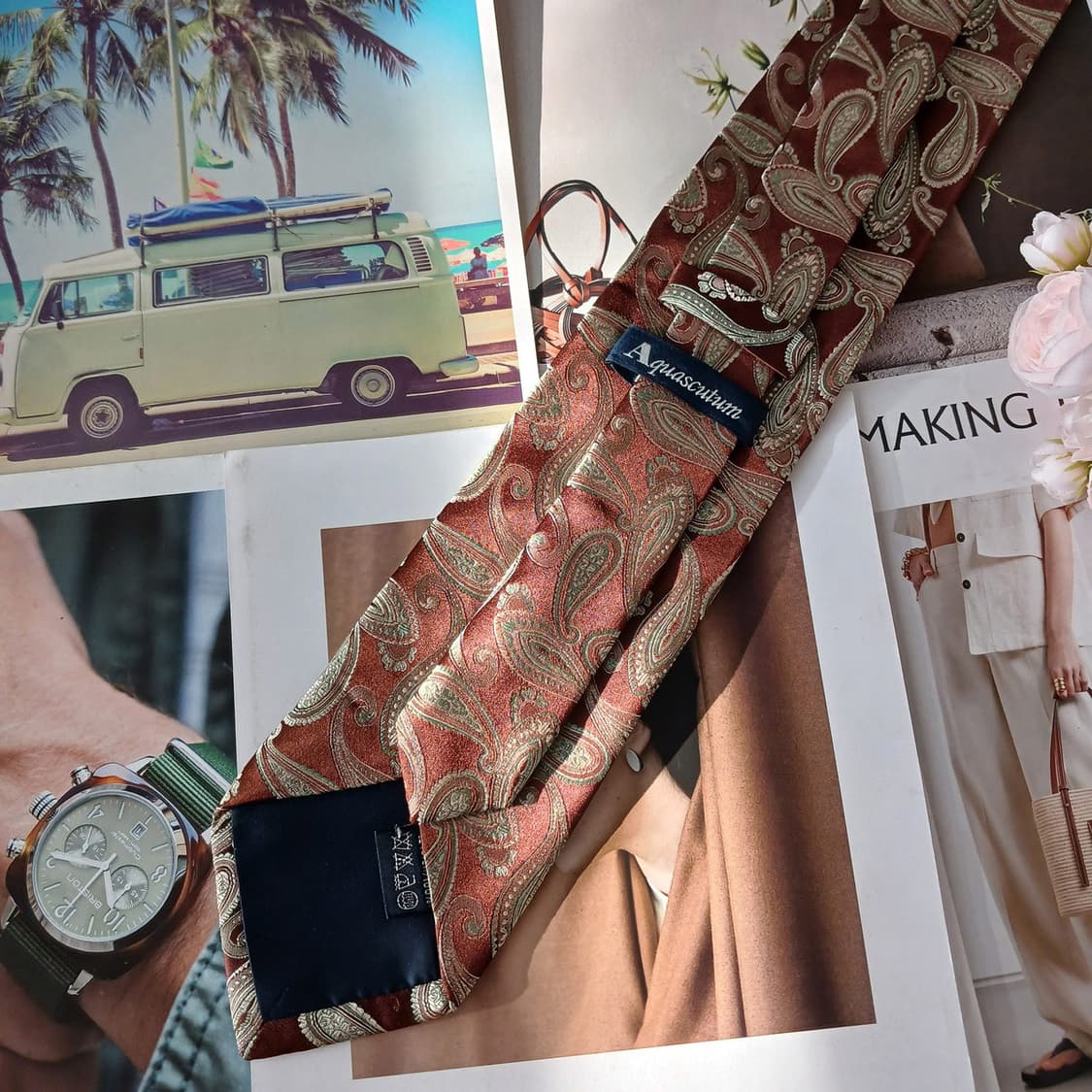 아쿠아스큐텀 실크 브라운 페이즐리 넥타이 9.1cm A+등급 A19453 상품이미지6