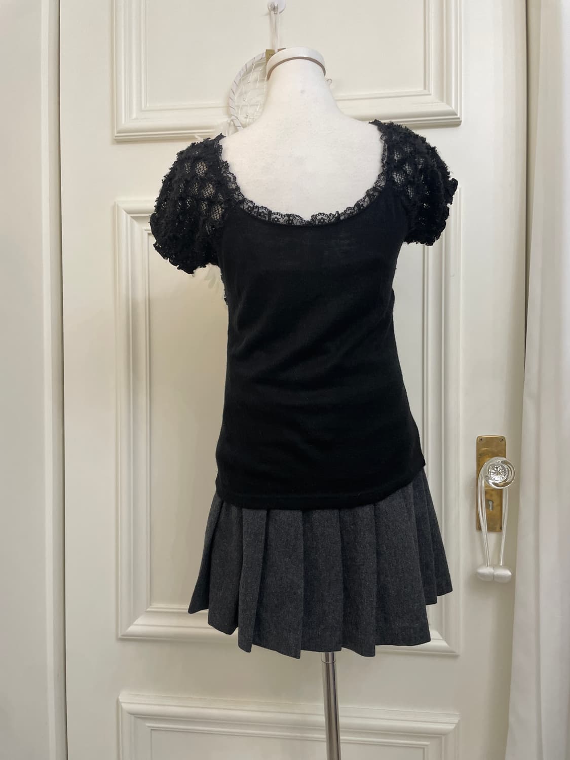 black sleeve crochet shirring knit top&l 상품이미지3