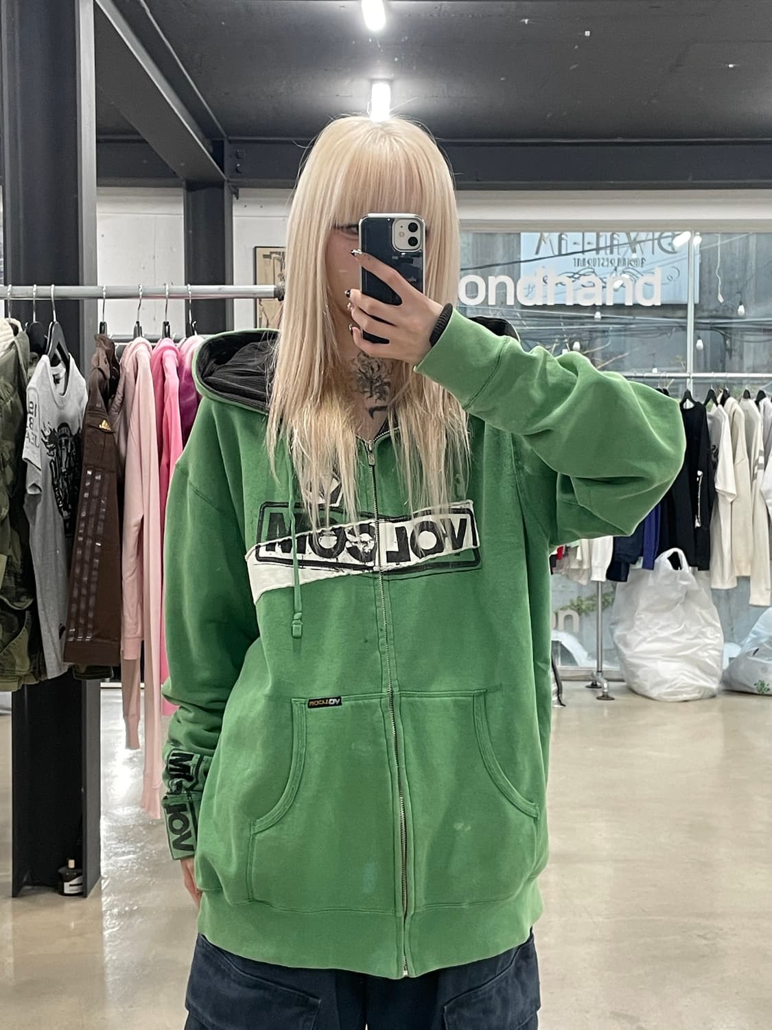 볼컴 Y2K 그린 오버핏 그런지 프린팅 후드 집업 상품이미지3