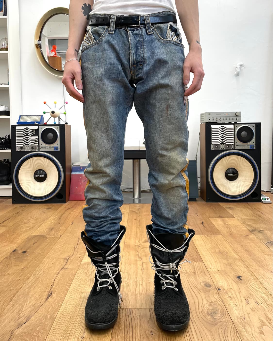 [48] 디스퀘어드 레더 사이드 라인 데님 팬츠 상품이미지2