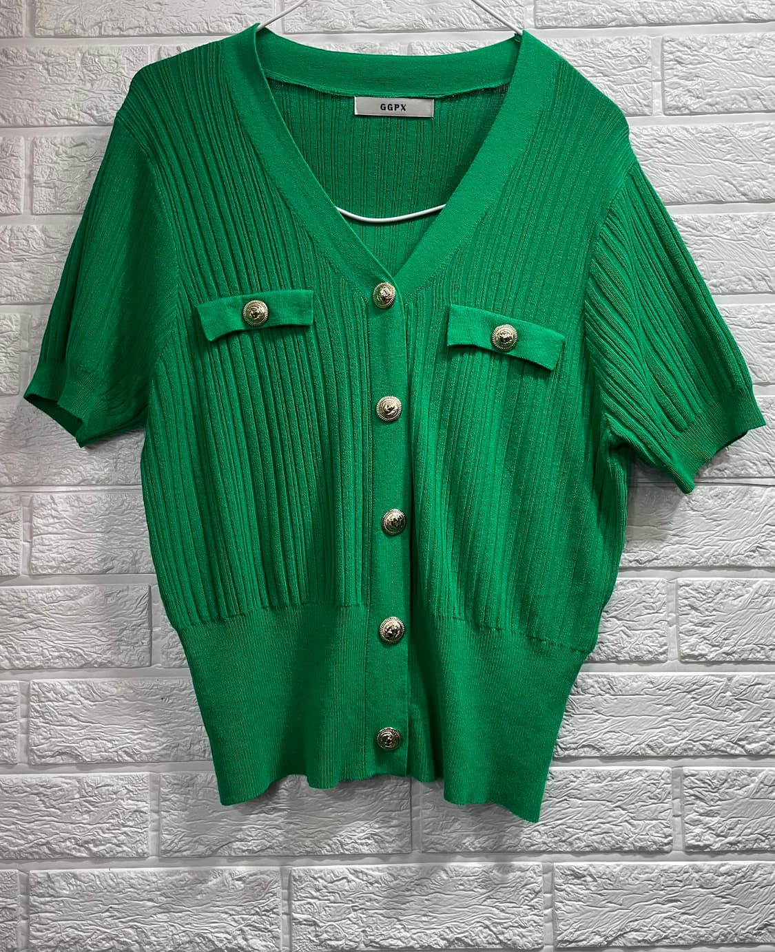GGPX 금장단추 그린 골지 반팔니트가디건 초록니트 상품이미지1