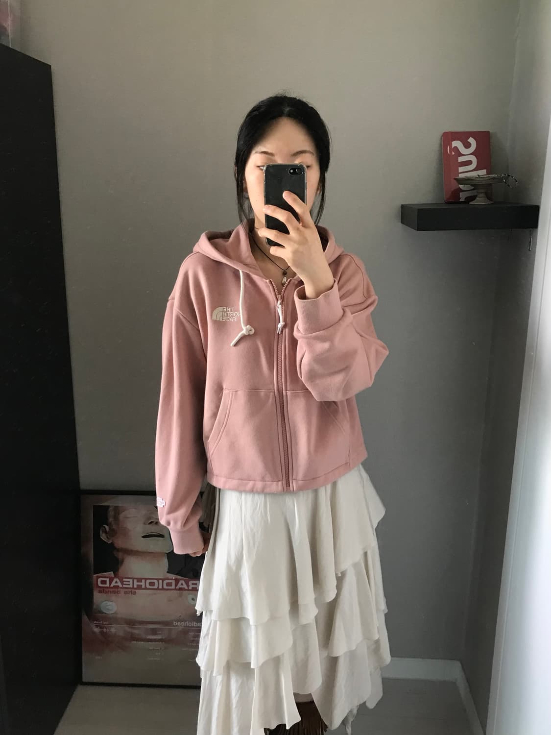 노스페이스 자수로고 핑크 크롭 후드집업 상품이미지3