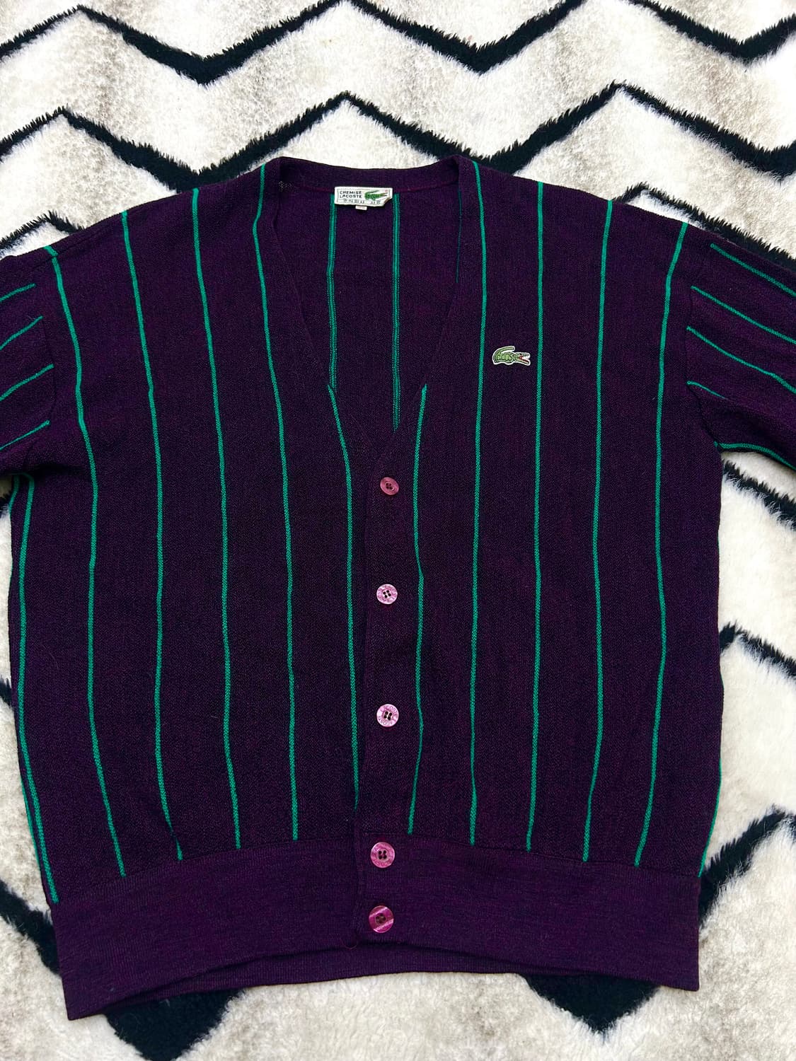 [L]라코스테 90s 그린 스트라이프 V넥 니트 가디건/딥퍼플 상품이미지3