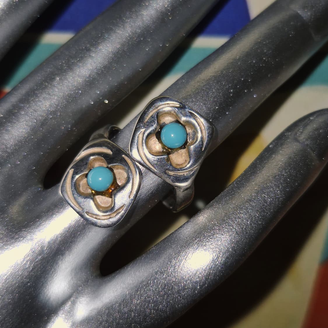 80s 멕시코 인디언 실버 925 터키석 꽃잎 반지 상품이미지6