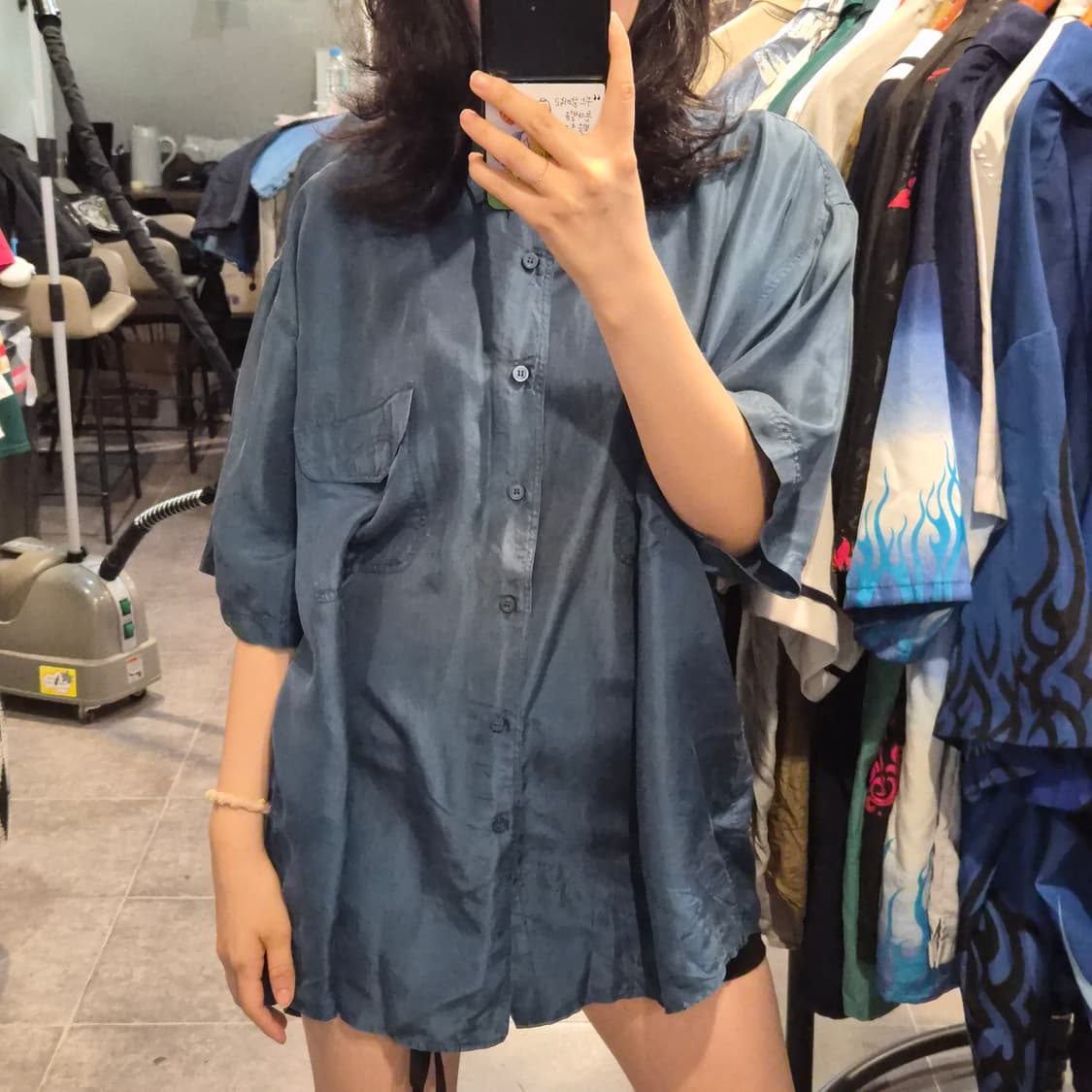 [NO.9] 빈티지 실크 반팔 셔츠 스모키블루 상품이미지1