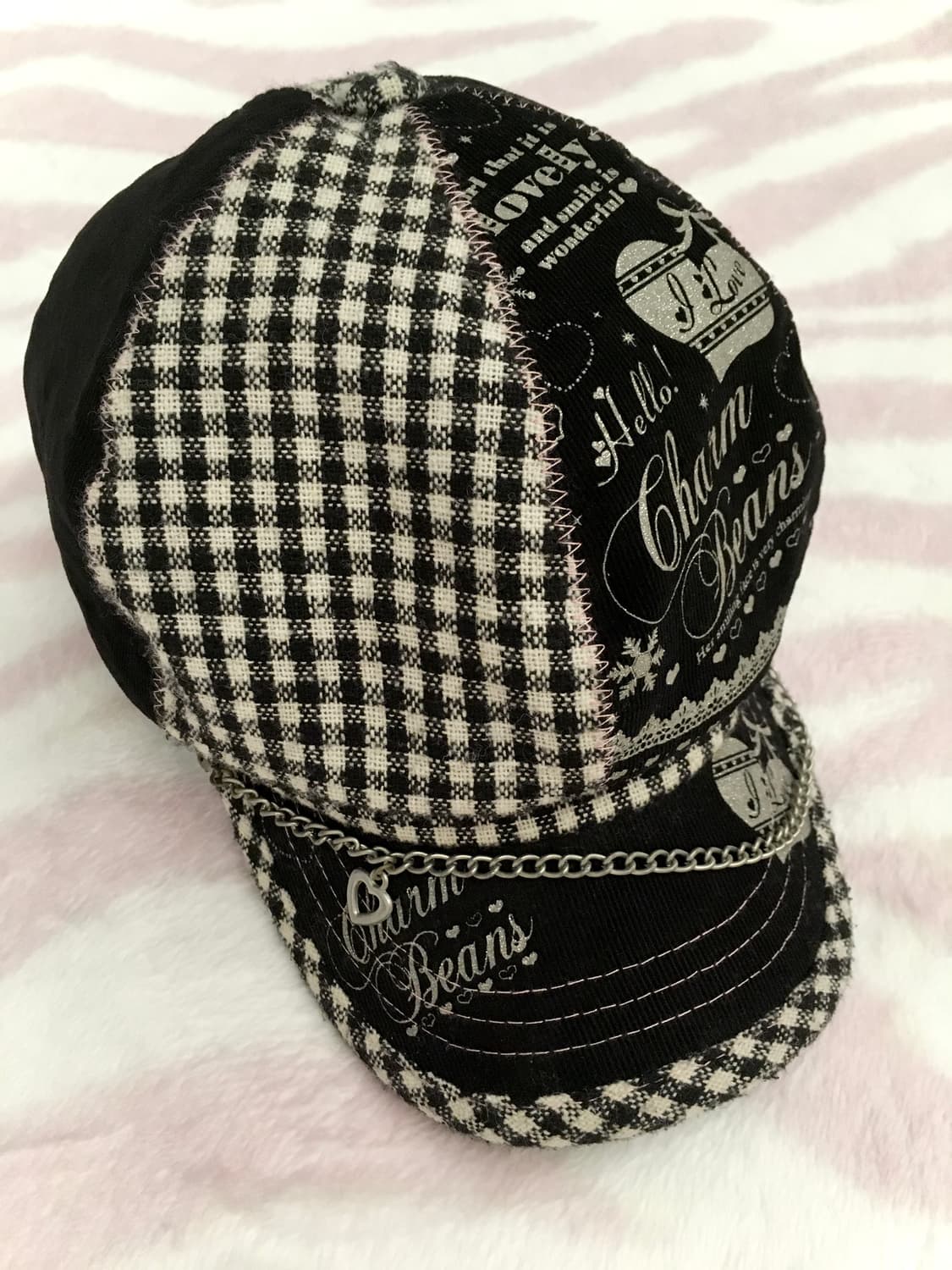 헤이세이 블랙 체크 실버 하트 체인 캡모자 볼캡 갸루 조지후쿠 핀터레스트 상품이미지3