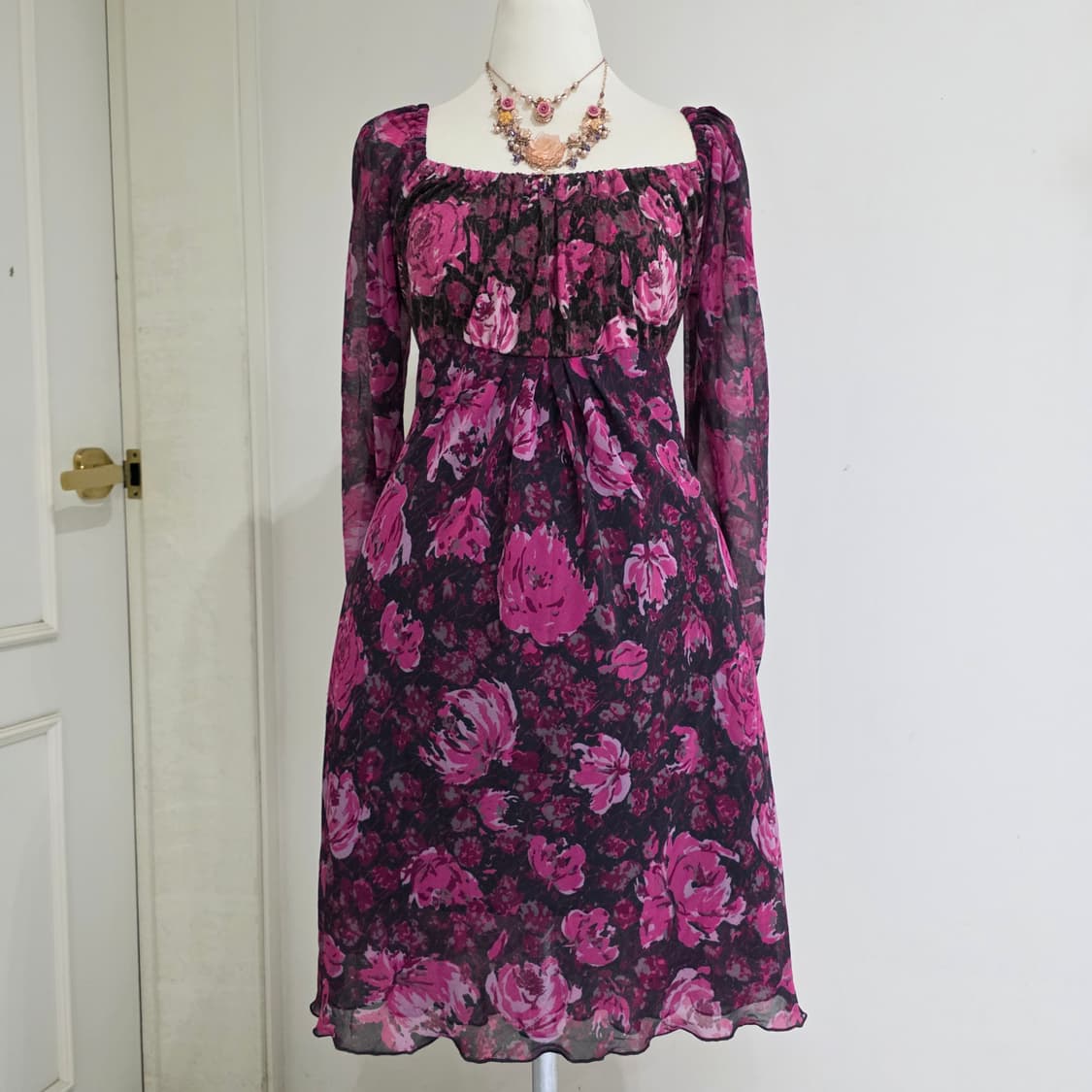 베네통 빈티지 보헤미안 플로럴 스모크밴딩 로맨틱 셔링원피스 상품이미지1