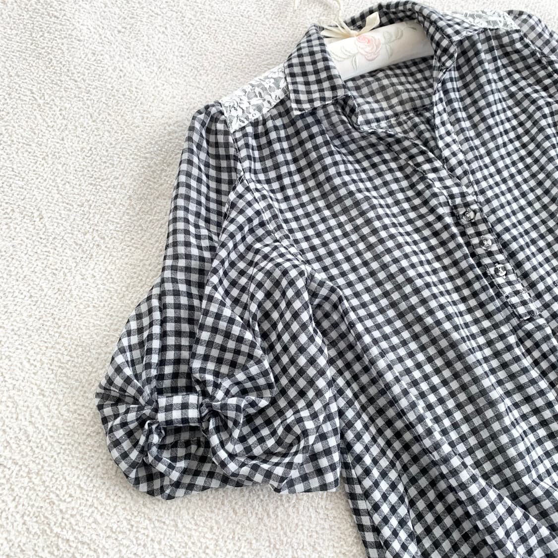 리본 블라우스 ♥ 레이스 깅엄체크 블라우스 상품이미지3