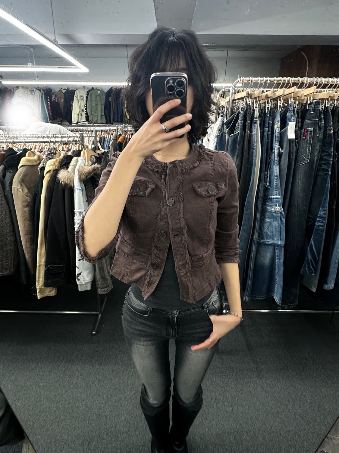 M)A.M.I 빈티지 여성 논카라 브라운 코튼 자켓 상품이미지1