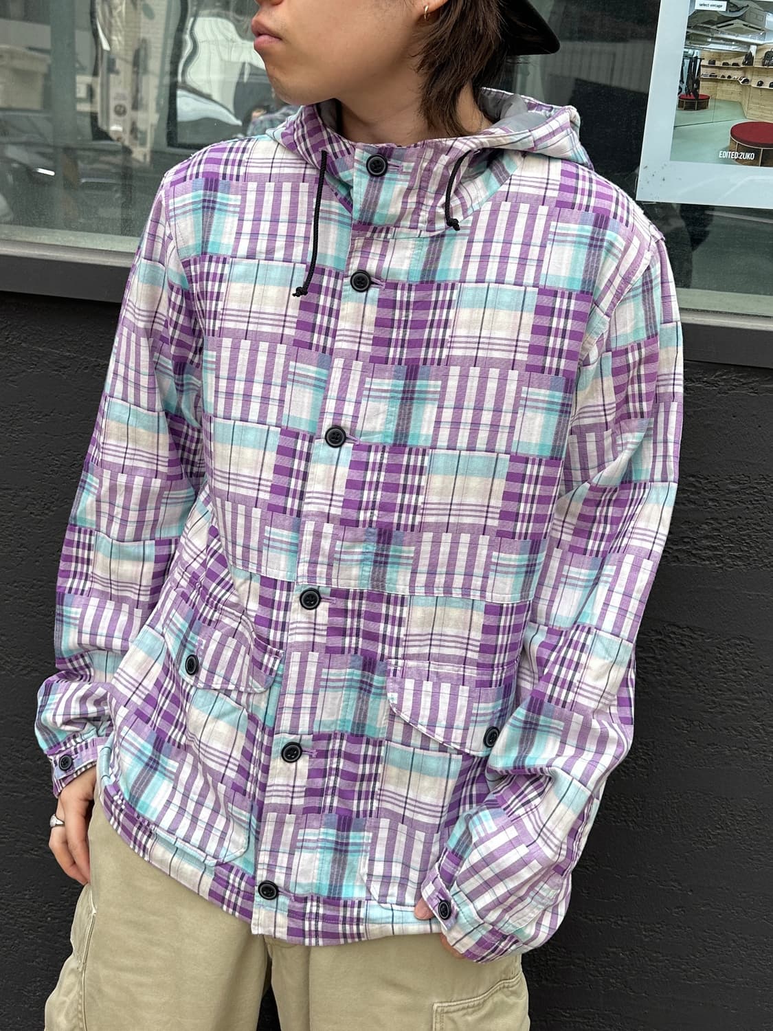 글로벌 워크 퍼플 체크 후드 파카 상품이미지1