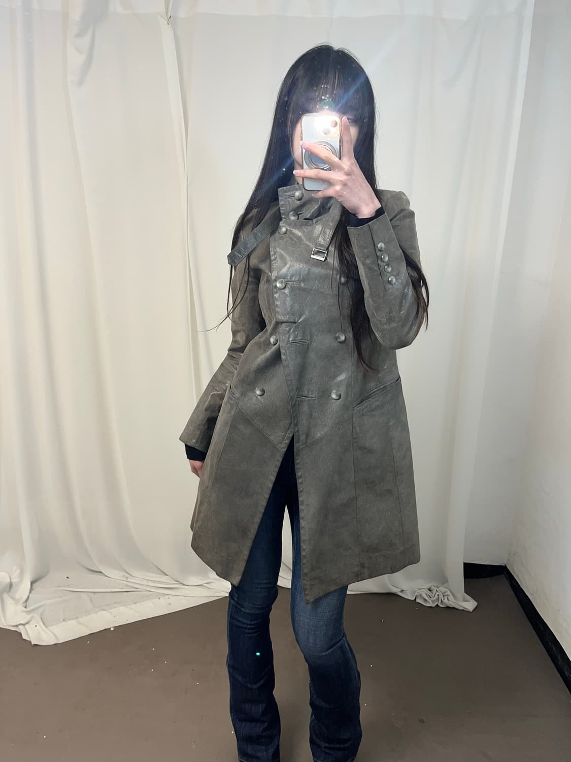 카키 그레이 나폴레옹 레더 코트 상품이미지1