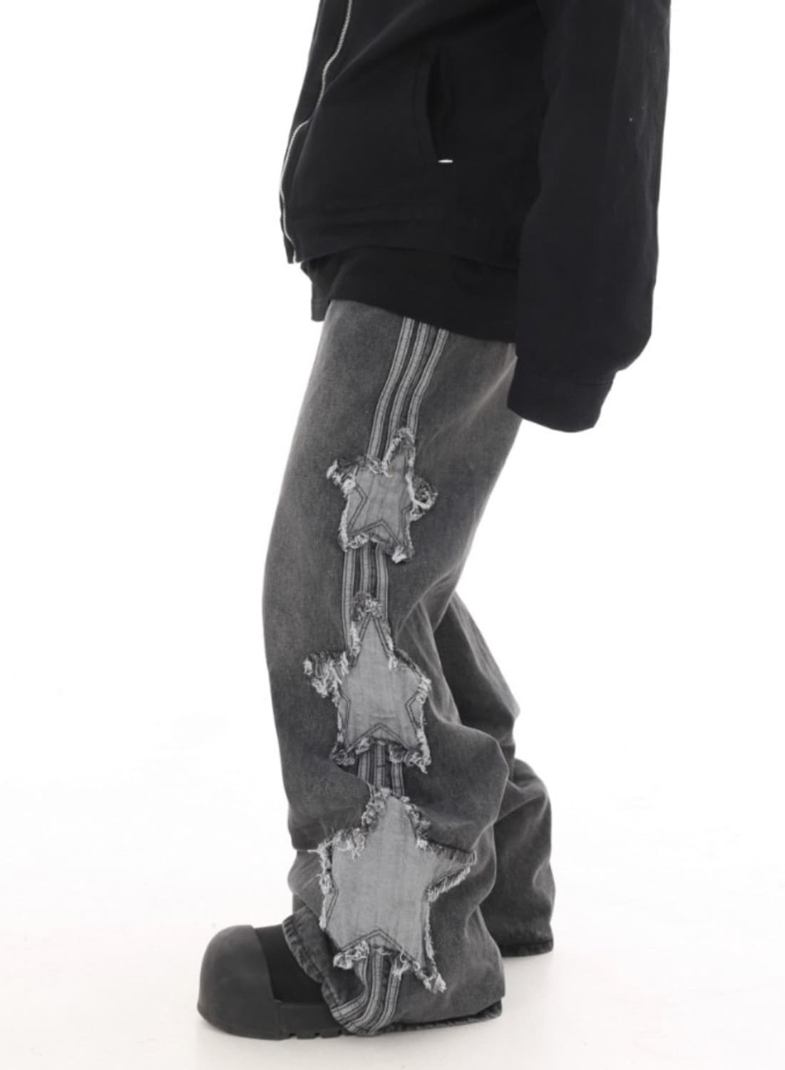 레블 스타 스트라이프 패치 와이드 데님 팬츠 블랙 상품이미지1