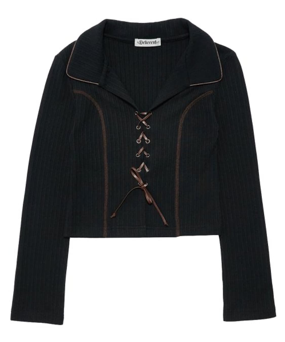 델리센트 레이스업 스티치 티셔츠 탑 블랙 상품이미지1