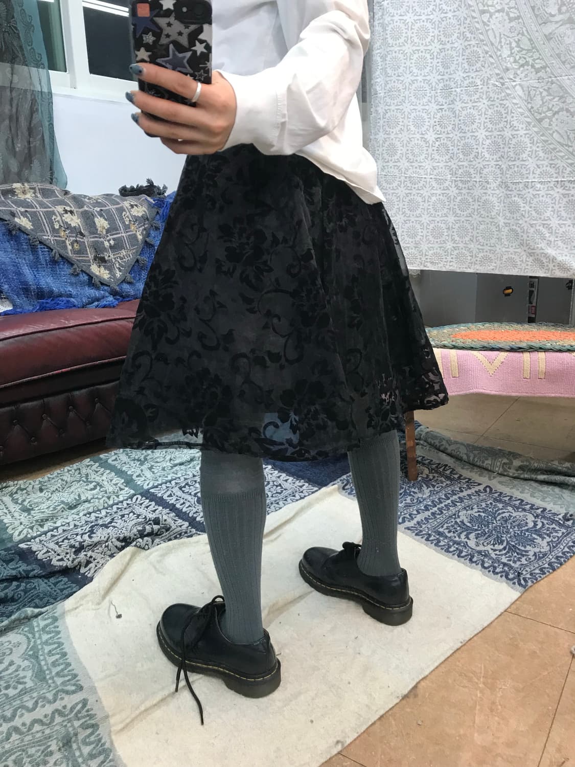 빈티지 여성 벨벳 플라워패턴 시스루 밴딩 미디스커트  상품이미지2