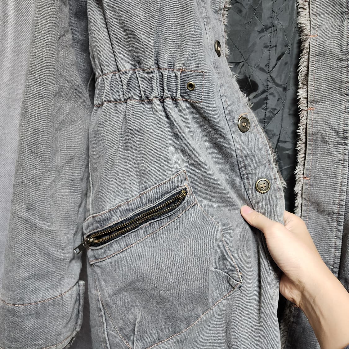 일본 빈티지 시멘트 퍼 트리밍 아티잔 야상 파카 자켓 상품이미지6