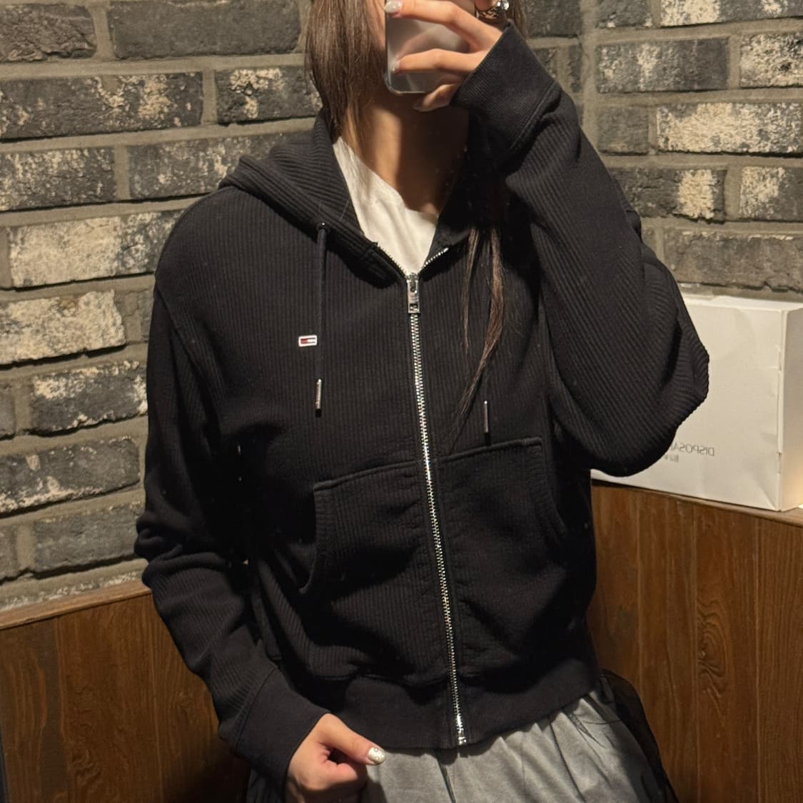 S) 타미힐피거 골지 크롭 후드 집업 블랙 상품이미지10