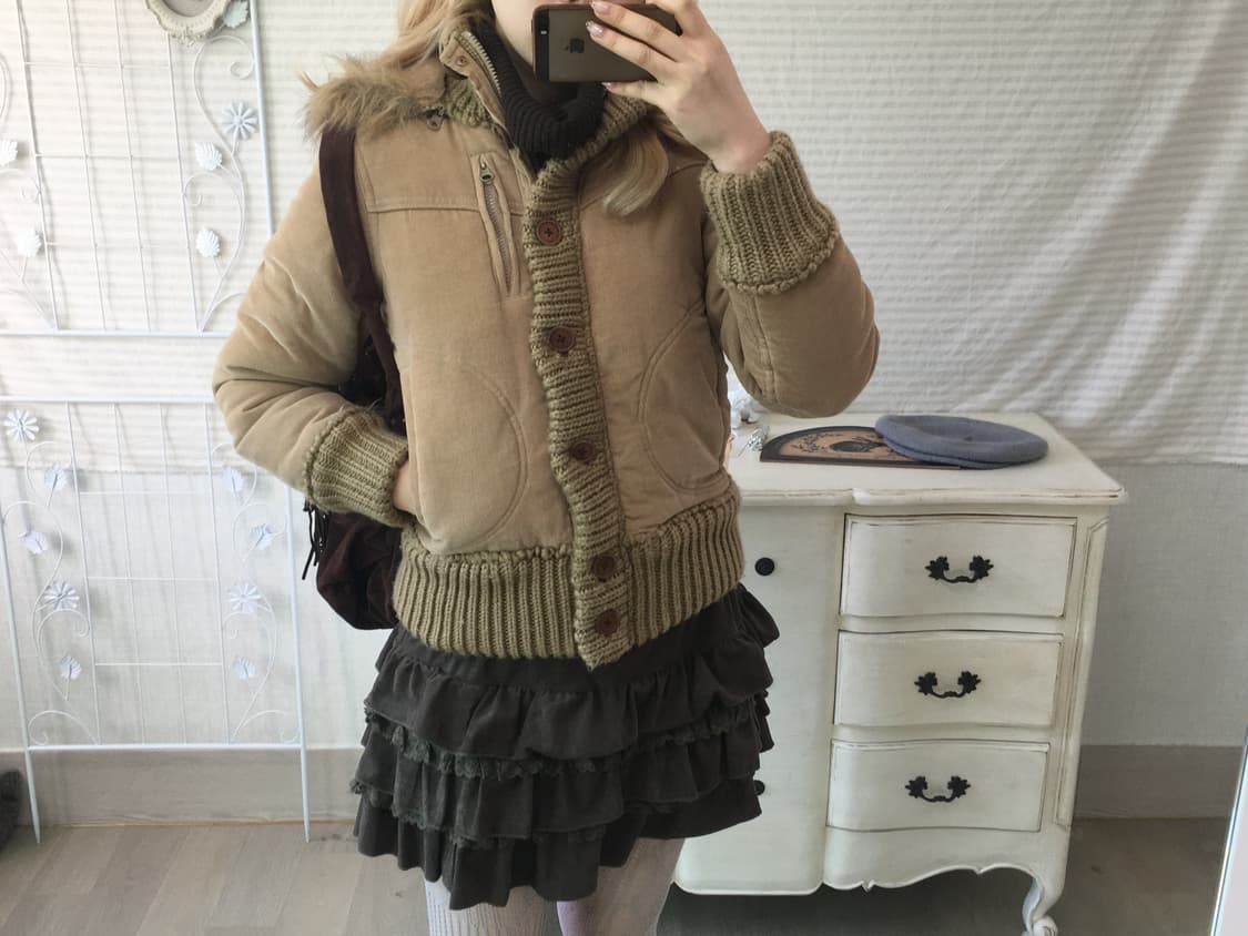 빈티지 카멜 퍼 후드 코듀로이 패딩 점퍼 상품이미지3