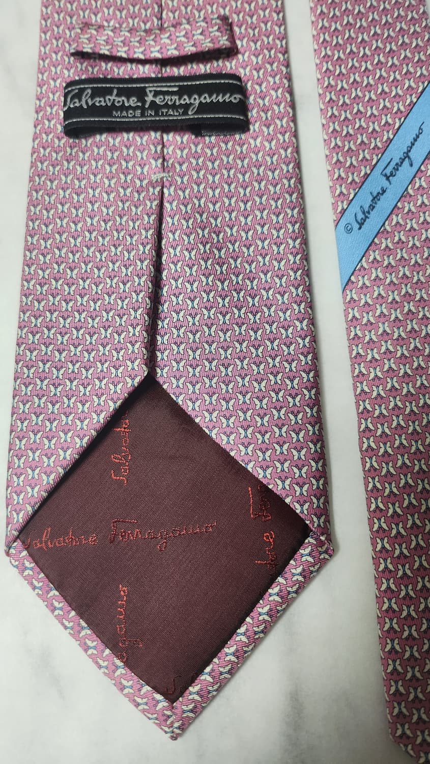 페라가모 핑크 나비 패턴 실크 넥타이 이태리 상품이미지3
