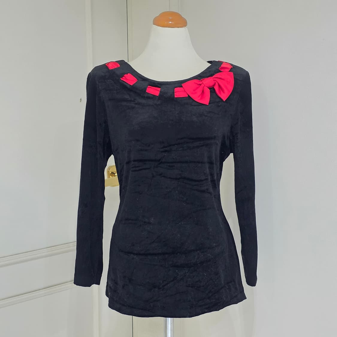 일본빈티지)블랙x레드 리본 마법소녀키키st 고딕 벨벳 로맨틱 블라우스 상품이미지2