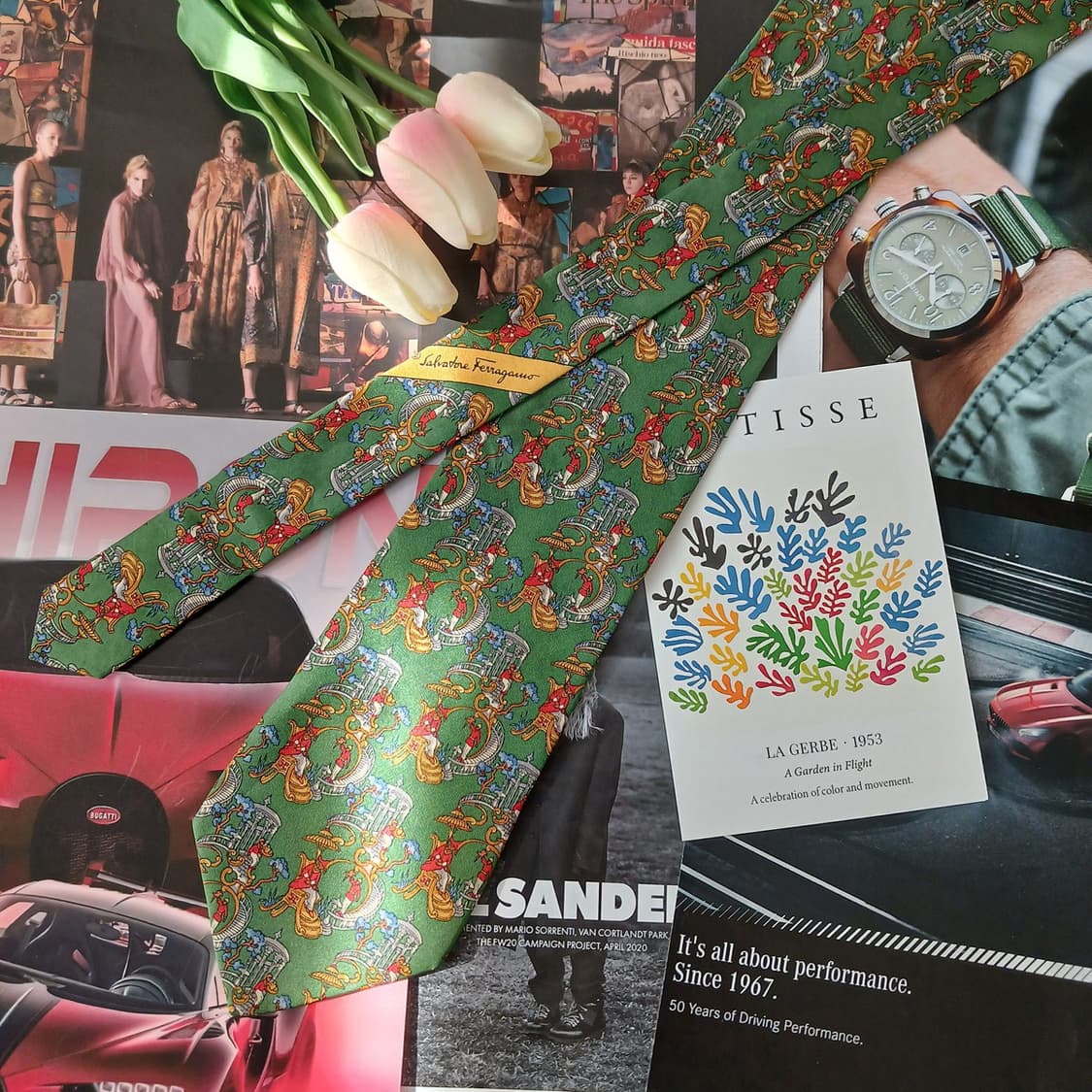 페라가모 실크 다크그린 아트 모티브 넥타이 9.2cm B등급 A19043 상품이미지3