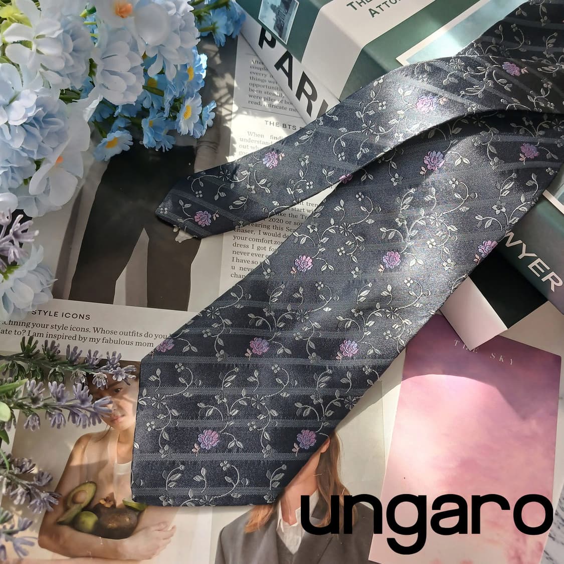 웅가로 실크 그레이 플라워 패턴 넥타이 9.9cm A+등급 E912 상품이미지2