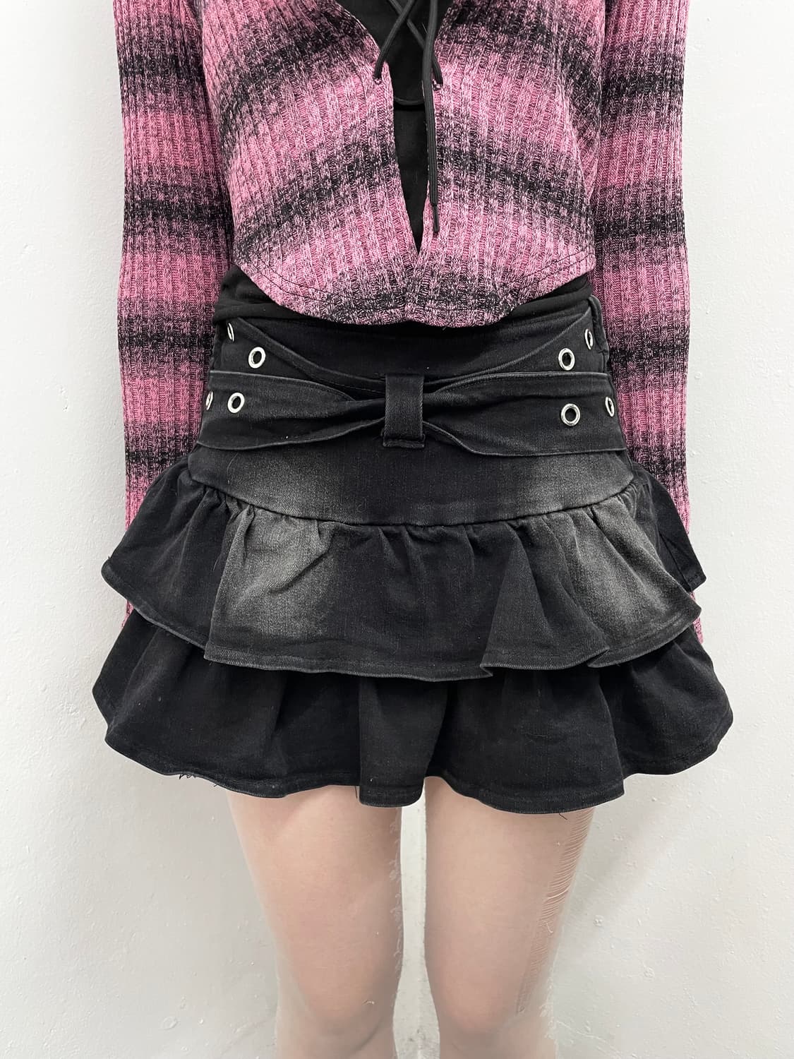 블랙 워싱 리본 큐롯 스커트 상품이미지1