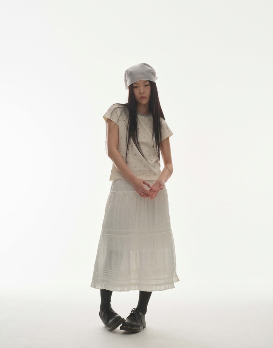 코이세이오 셔링 미디 스커트 화이트 상품이미지2