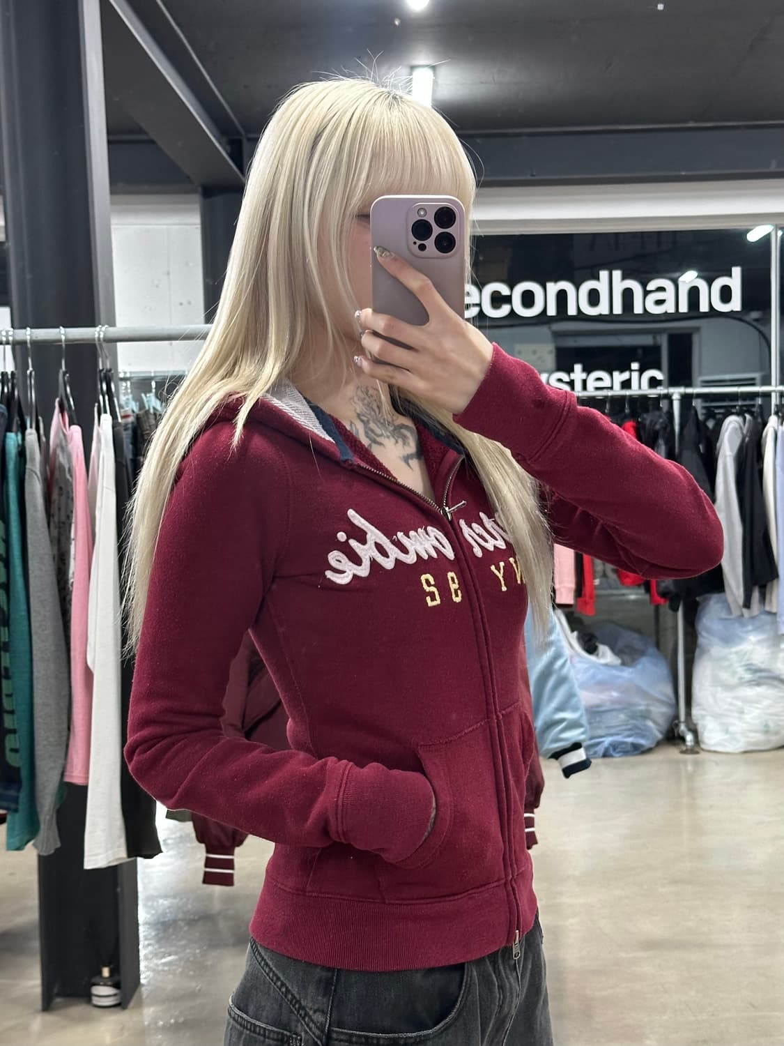 아베크롬비 버건디 자수로고 슬림핏 후드 집업 상품이미지1