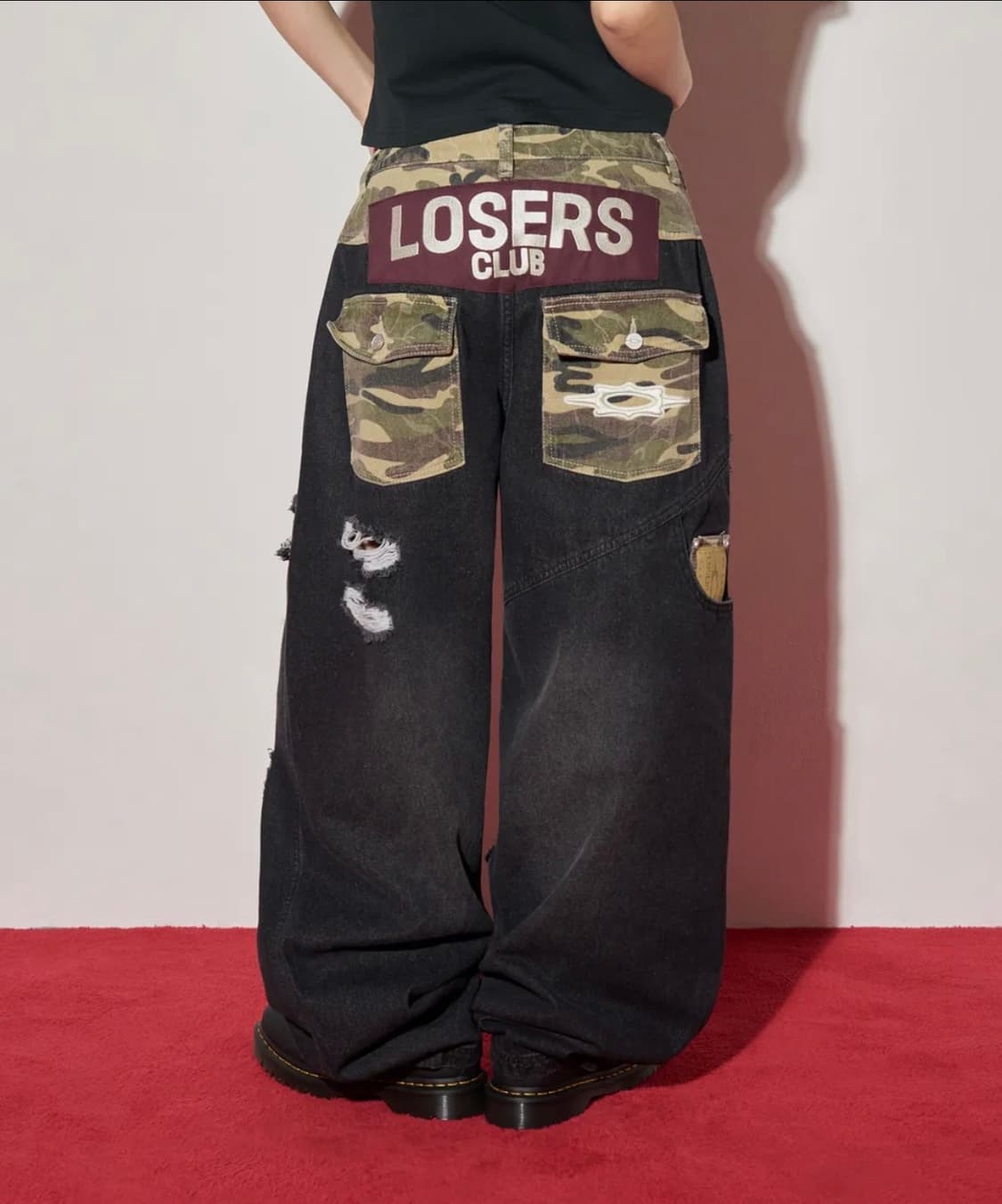 카모 믹스 데미지 와이드 데님팬츠 black 상품이미지1