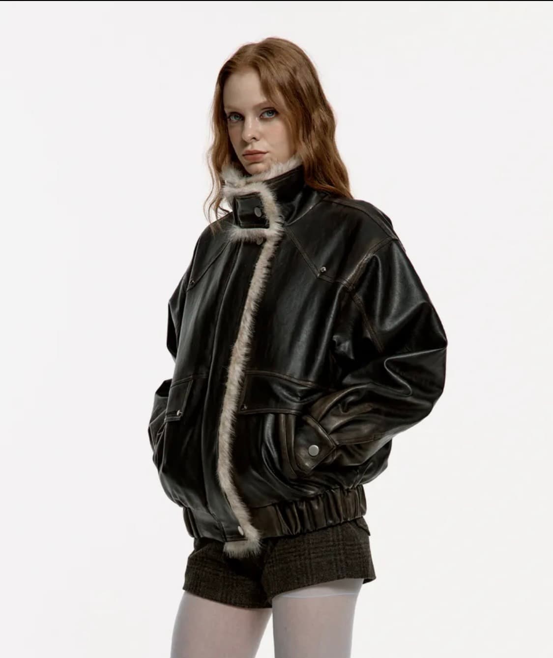 러프넥 워싱 레더무스탕 자켓 브라운s 상품이미지1