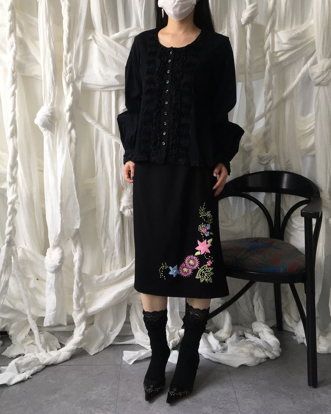 Flower needle work point woolen skirt 상품이미지6