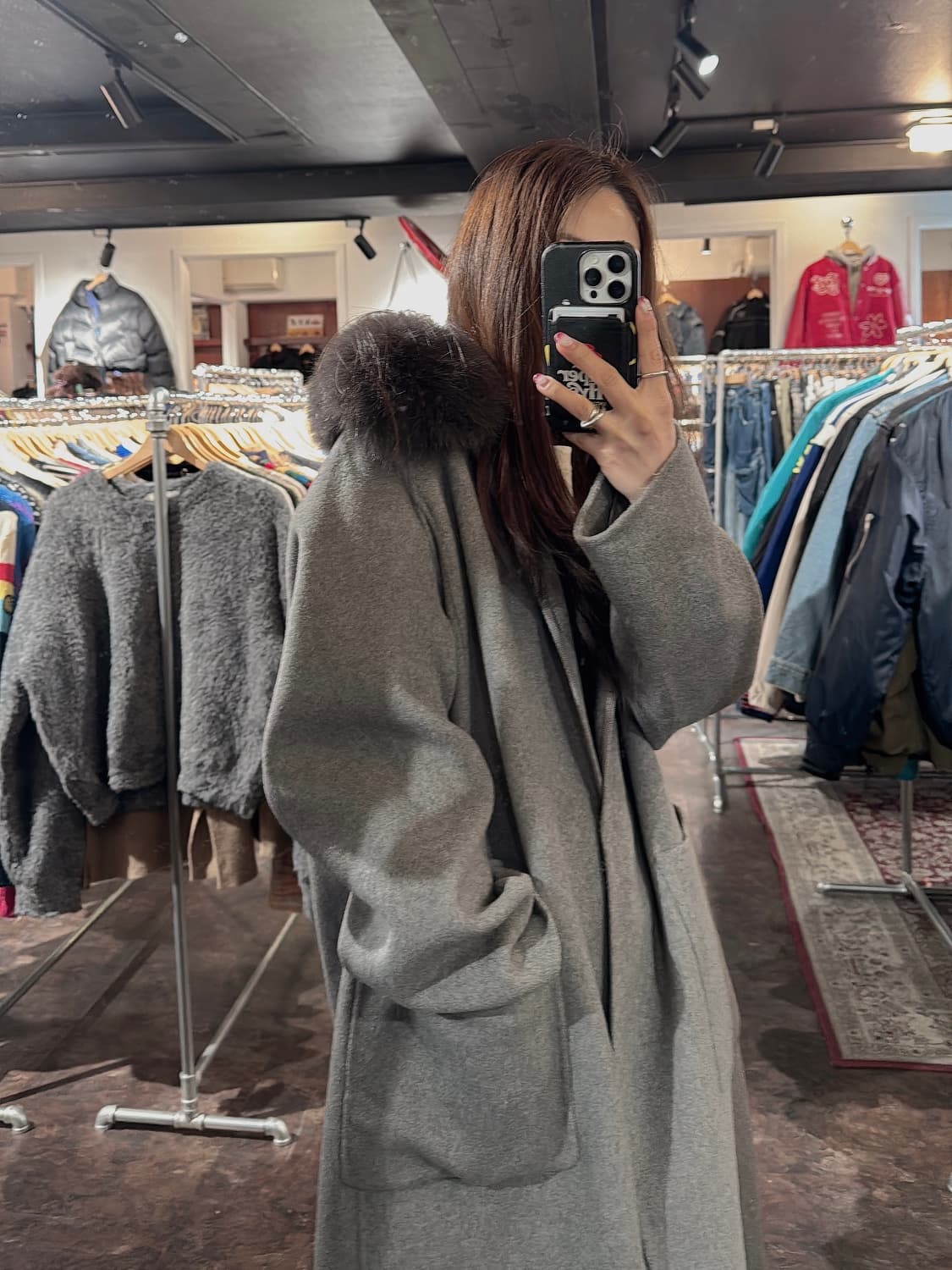 g-cut 지컷 포켓 리얼 폭스퍼 울 그레이 롱 코트 S 상품이미지7