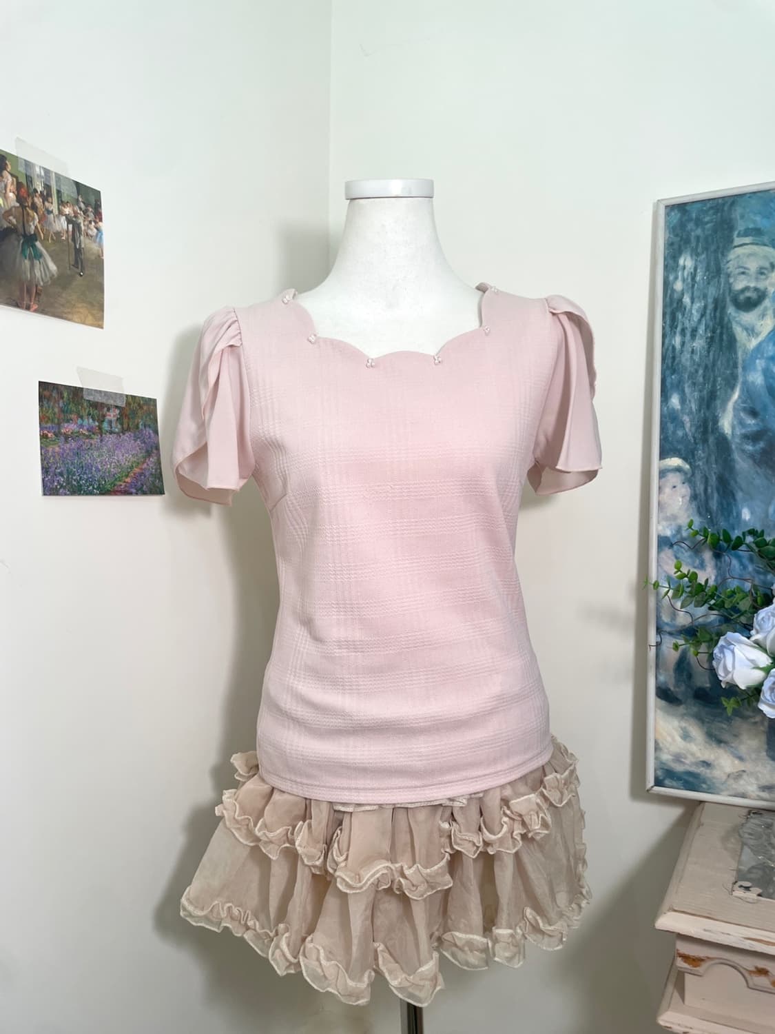pink beads point puff sleeve top(size-M) 상품이미지5