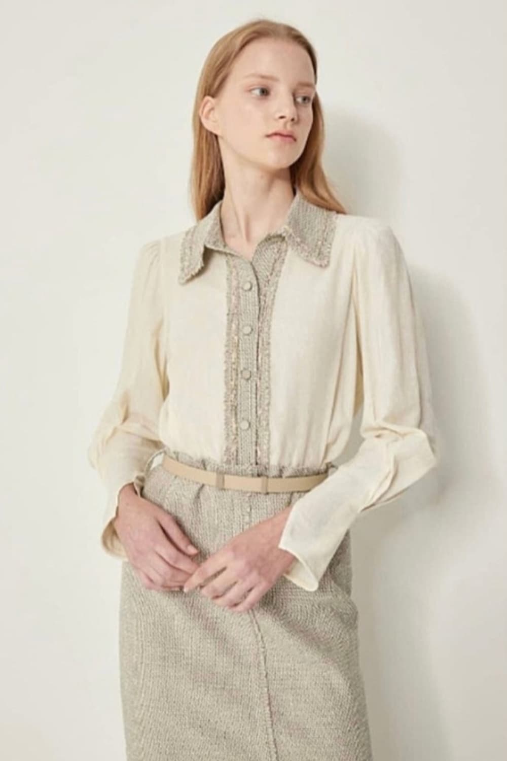 시스템 벨티드 텍스처블록 트위드 원피스 55사이즈 상품이미지1