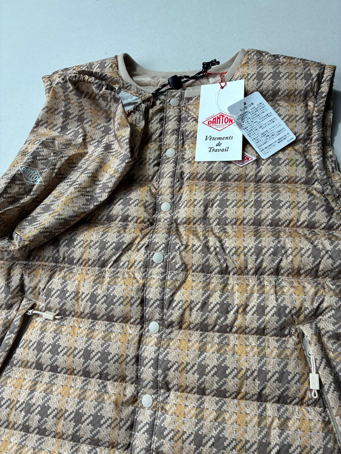 (W)DANTON 단톤 이너 다운 크루넥 베스트 베이지 체크 S사이즈 상품이미지2