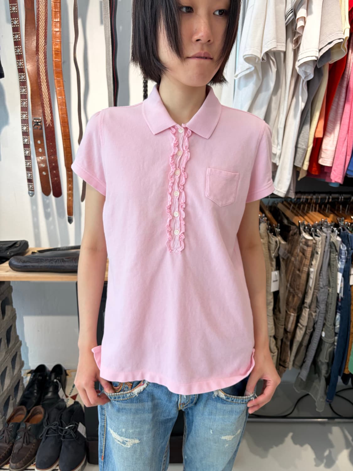 POLO JEANS 핑크 러플 반팔 카라 티셔츠 L 상품이미지3