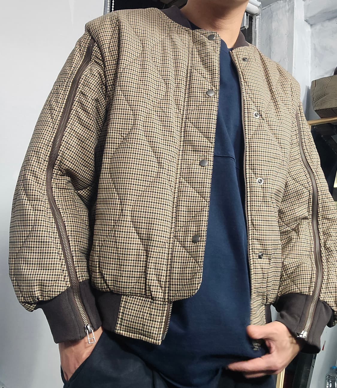 ROKH X GU 퀄티드 체크 블루종 베이지 자켓 XL 상품이미지2