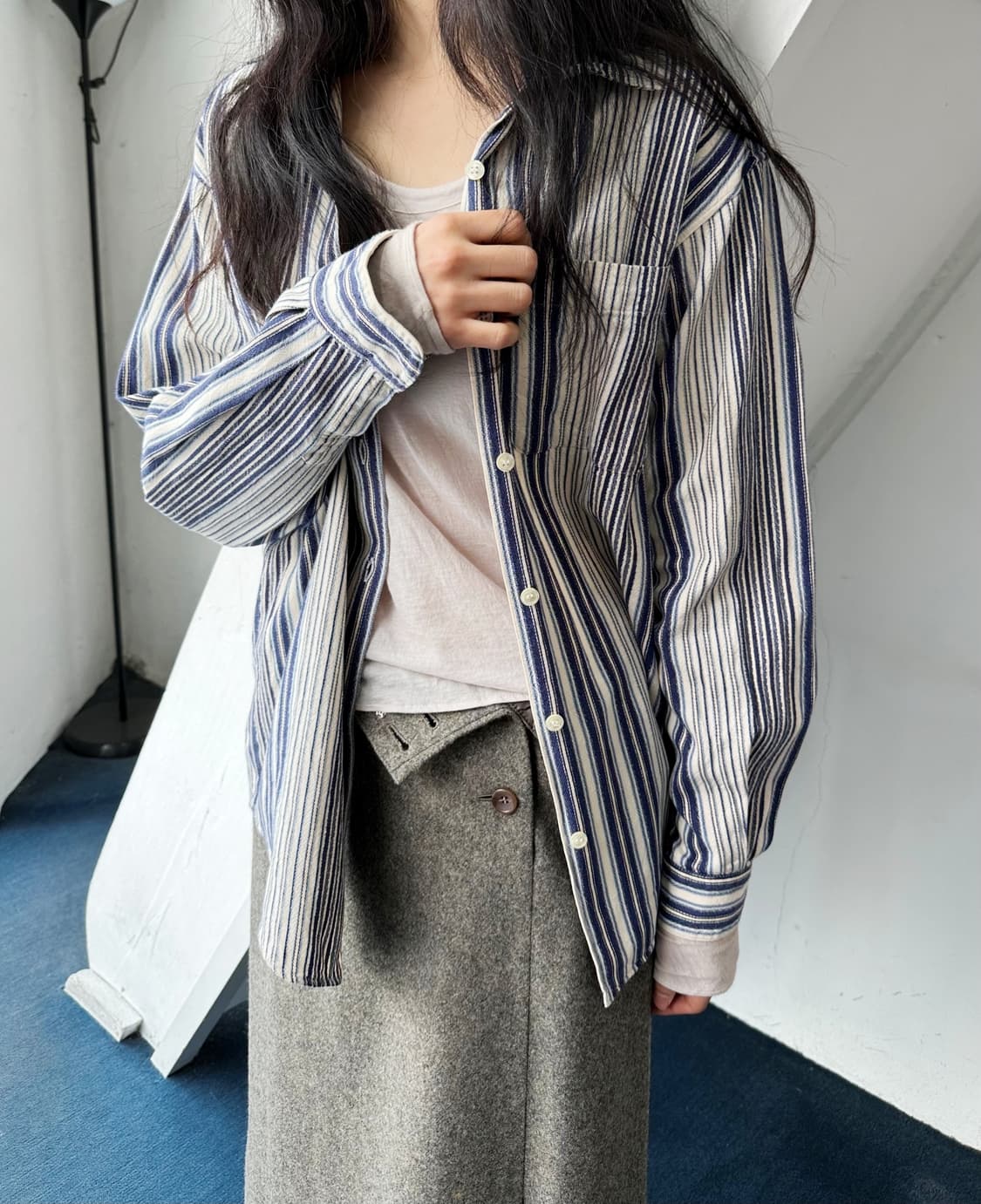 Cotton woven stripe open collar shirt 상품이미지3